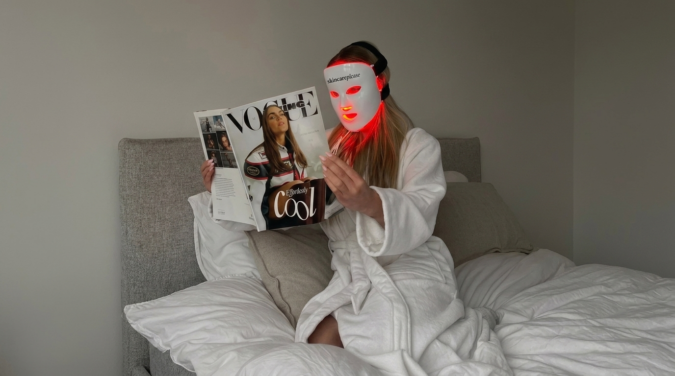 Mujer con bata blanca leyendo una revista mientras usa la mascarilla LED de SkincarePlease